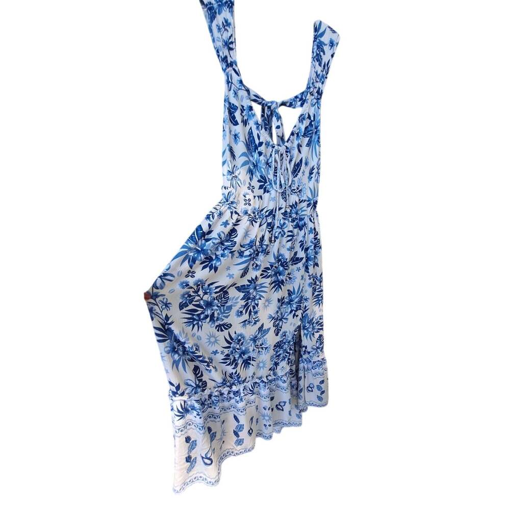 ANGIE 100% Rayon Blue Floral Open Back Midi Ruffle Dress Elastic Waist Slit 2X